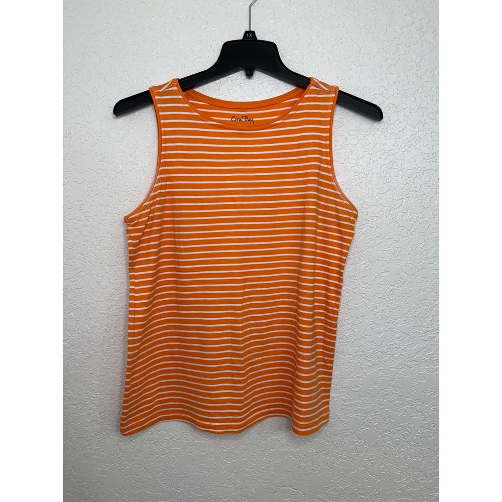Coral Bay Womens Orange White Striped Cotton Sleeveless Tank Top Medium RN 76235